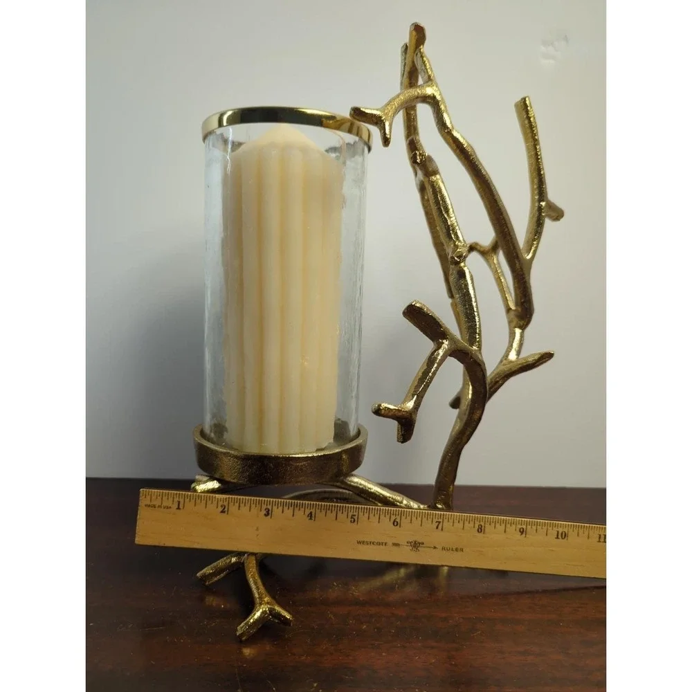 Gold Branch Hurricane Candle Holder Glass Cylinder Lantern Woodland Glam Decor